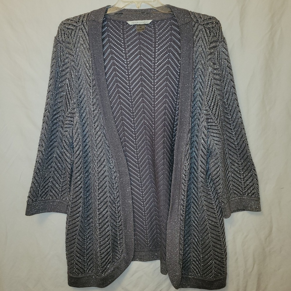 Peter Nygard Cardigan Sweater 3X Open Front‎ Gray Silver Sparkle Long Open Knit